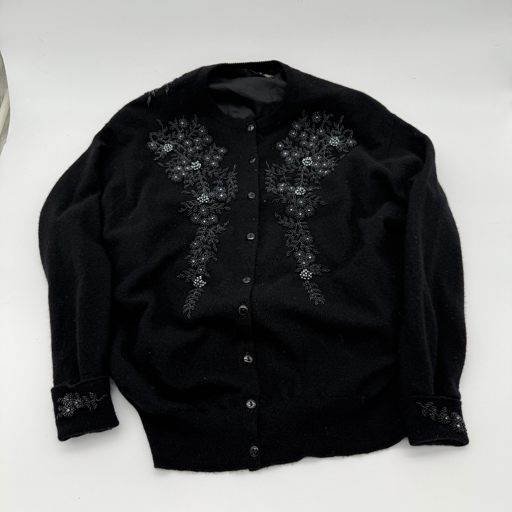 Vintage 50's black wool beaded cardigan sweater size L